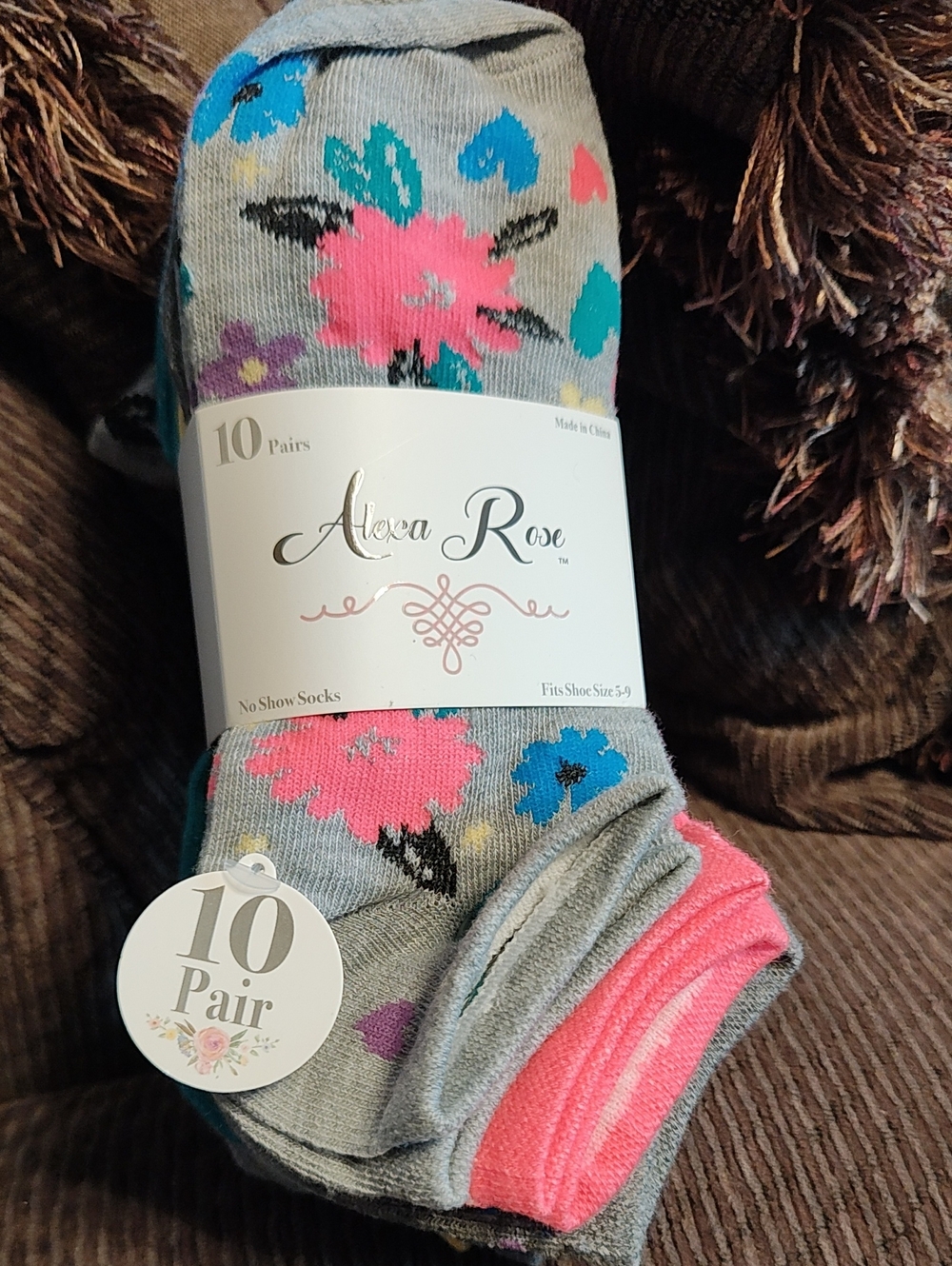 Women's s No-Show Socks - Gray with Pink & Blue Floral (10-Pack)